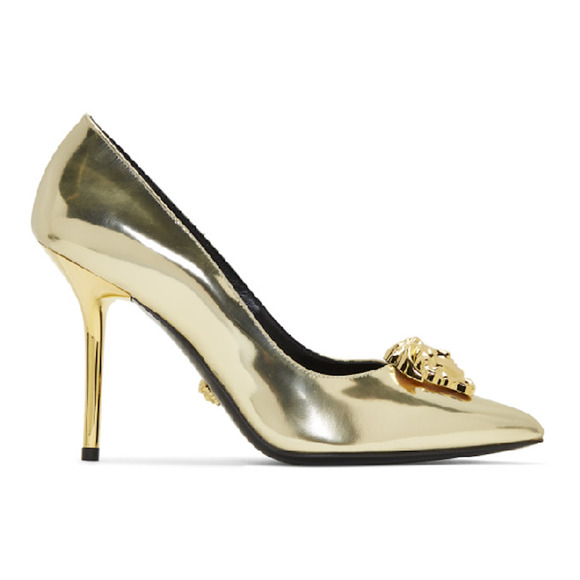 Versace Medusa Head Palazzo Tribute Gold Metallic Patent Leather Heel Pump 38 - Picture 3 of 8